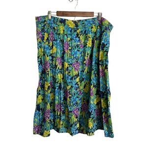 Vintage Womens Green Purple Floral Elastic Waist Tropical Midi Skirt Size 22W